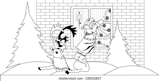 Illustration of Santa Claus carrying a bag of Christmas presents dropping a present under the Christmas tree