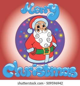illustration with Santa Claus in circle with colorful garland on red background, lettering "Merry Christmas"