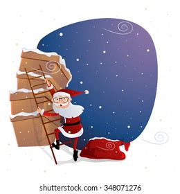 Illustration of Santa Claus climbing up on big gift boxes for Merry Christmas celebration.