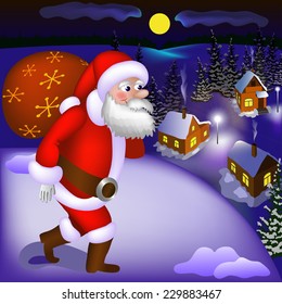 Illustration of Santa Claus coming with gifts in the snowy town at night. 