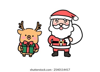 Ilustração de Papai Noel e uma rena bonito segurando presentes.