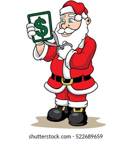 Illustration of a Santa Claus cutting a price tag with scissors, indicating discount, installment or half price