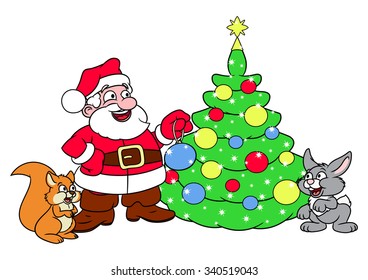 Illustration of the Santa Claus decorating Christmas tree while little squirrel and rabbit looking
