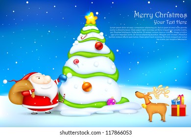 illustration of Santa Claus with deer decorating Christmas tree