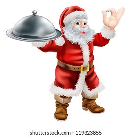 An illustration of Santa Claus doing a chef's perfect sign with his hand and holding a covered tray of food