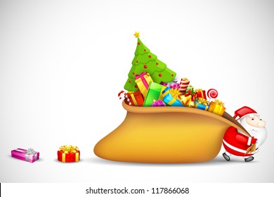 illustration of Santa Claus dragging sack of gift in Christmas night