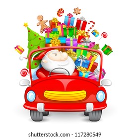 illustration of Santa Claus driving car with Christmas gift