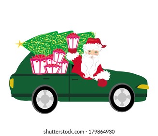 illustration of Santa Claus driving car with Christmas gift 