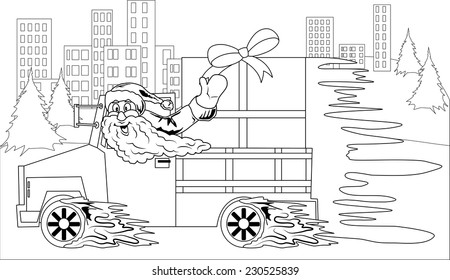 Illustration of Santa Claus driving car with Christmas gift