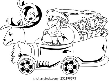 Illustration of Santa Claus driving car with Christmas that looks like a deer