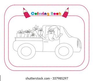 illustration of Santa Claus driving car with Christmas gifts 