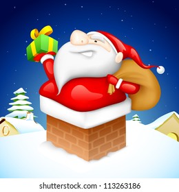 illustration of Santa CLaus entering through fire place pipe with gift
