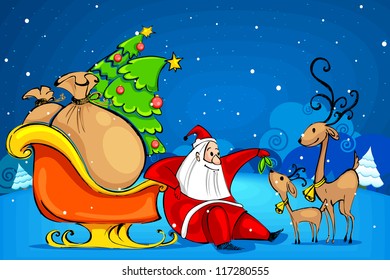 illustration of Santa Claus feeding reindeer in Christmas