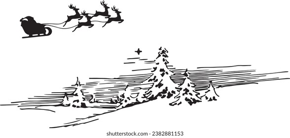 illustration of Santa Claus flying on his sleigh with forest background with Christmas trees