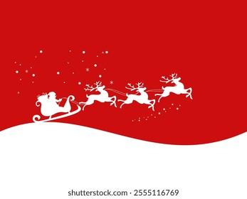 Illustration of Santa Claus flying on a sleigh pulled by reindeer. Iconic and festive Christmas red background. Perfect for designing Christmas greeting cards, posters and holiday decorations.
