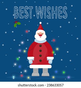 illustration with Santa Claus, hand-drawing best wishes and shining lights on the garland for winter holidays greeting card 