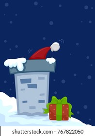 Ilustración de un Sombrero de Papá Noel dentro de una chimenea con un regalo en el techo