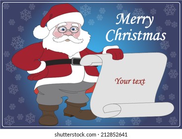  Illustration of Santa Claus holding a blank white paper sign with plenty of room for your own content.  