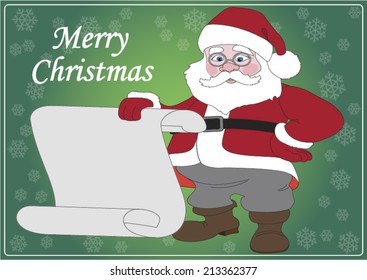  Illustration of Santa Claus holding a blank white paper sign with plenty of room for your own content.  