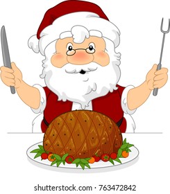 Illustration Of Santa Claus Holding Knife And Fork In Front Of A Glazed Ham