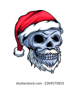 Illustration of Santa Claus human skull mascot character wearing santa hat