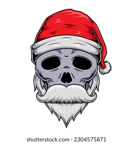 Illustration of Santa Claus human skull mascot character wearing santa hat