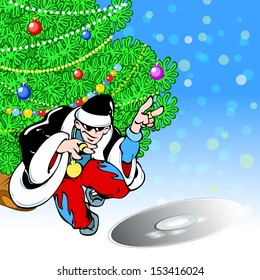 In the illustration of Santa Claus in  image of a rapper on the background of the Christmas tree. Illustration done on separate layers