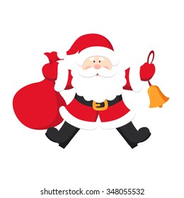 Illustration of Santa Claus with jingle bell and sack full of gifts isolated on white background