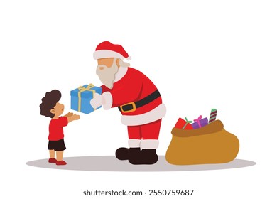 Una ilustración de Santa Claus entregando alegremente un regalo a un niño pequeño. Un ambiente de Navidades reconfortante perfecto para tarjetas de felicitación navideña, diseños festivos o materiales de marketing de temporada.