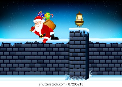 illustration of santa claus jumping from wall with his sack