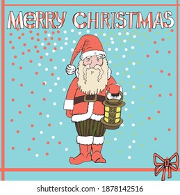 Illustration of Santa Claus with a lantern in his hand on a blue background (vector)