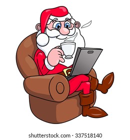 Illustration of the Santa Claus with laptop sitting in armchair and drinking tea