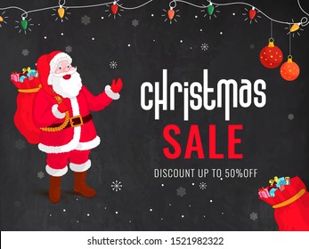 Illustration of santa claus lifting a heavy gift sack with 50% discount offer for Christmas Sale banner or poster design.