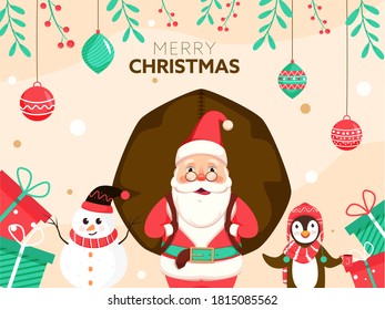 Illustration of Santa Claus Lifting a Heavy Sack with Cartoon Penguin, Snowman, Gift Boxes and Hanging Baubles Decorated Background for Merry Christmas.