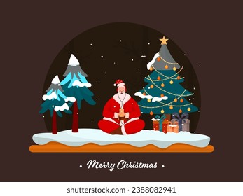 Illustration of Santa Claus listen to music from headphone with smartphone, decorative Xmas trees and gift boxes for Merry Christmas Celebration.