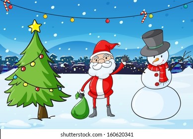 Illustration of Santa Claus in the middle of the pine tree and the snowman
