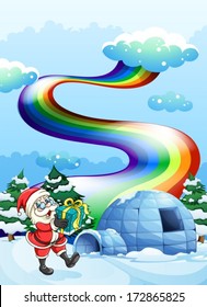 Illustration of Santa Claus near the igloo and a rainbow in the sky