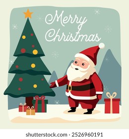 Illustration of Santa Claus next to a decorated Christmas tree with presents. The words Merry Christmas appear in the background, making it perfect for holiday cards and festive designs