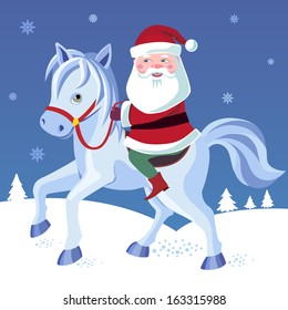 Illustration with Santa Claus on a horse. Vector.