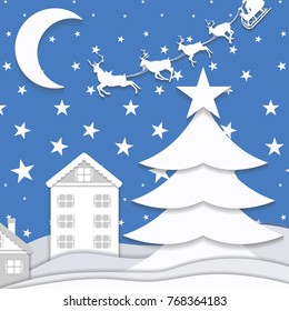 Illustration of Santa Claus on the sky coming to City ,paper art and craft style.