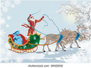 Illustration with Santa Claus on sleigh
