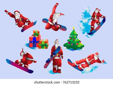 Illustration of Santa Claus on snowboard,    snowboarding