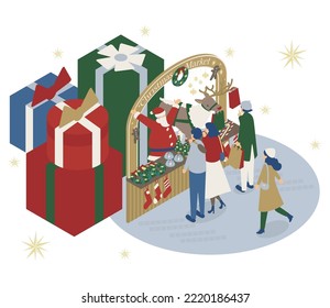 It is an illustration of Santa Claus opening a Christmas market and people gathering happily.