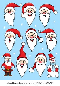 Illustration of Santa Claus or Papa Noel or Father Christmas Faces Icons Set. Emotions, smiles.