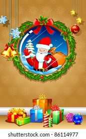 illustration of santa claus peeping through window of christmas decorated house