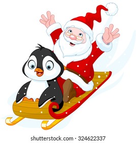 Illustration of Santa Claus and Penguin in sled