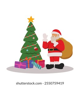 An illustration of Santa Claus placing or giving gifts near a beautifully decorated Christmas tree. A classic holiday scene, perfect for Christmas cards, festive designs, or seasonal advertisements.