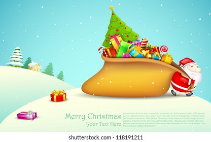 ilustración de Santa Claus tirando del saco de regalo en la noche de Navidad