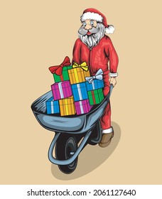 Illustration of santa claus pushing a cart with gifts