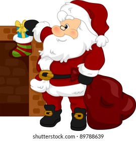 Illustration of Santa Claus Putting a Gift on a Christmas Stocking